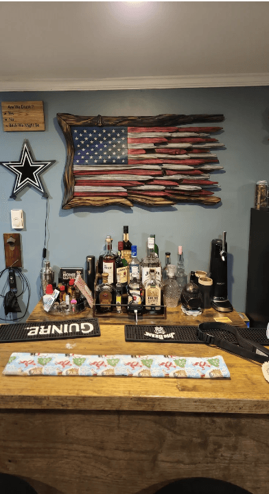 marksflags wooden flag displayed — Garage bar