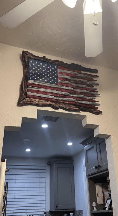 marksflags wooden flag displayed — Kitchen feature wall
