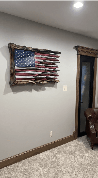 marksflags wooden flag displayed — Living room